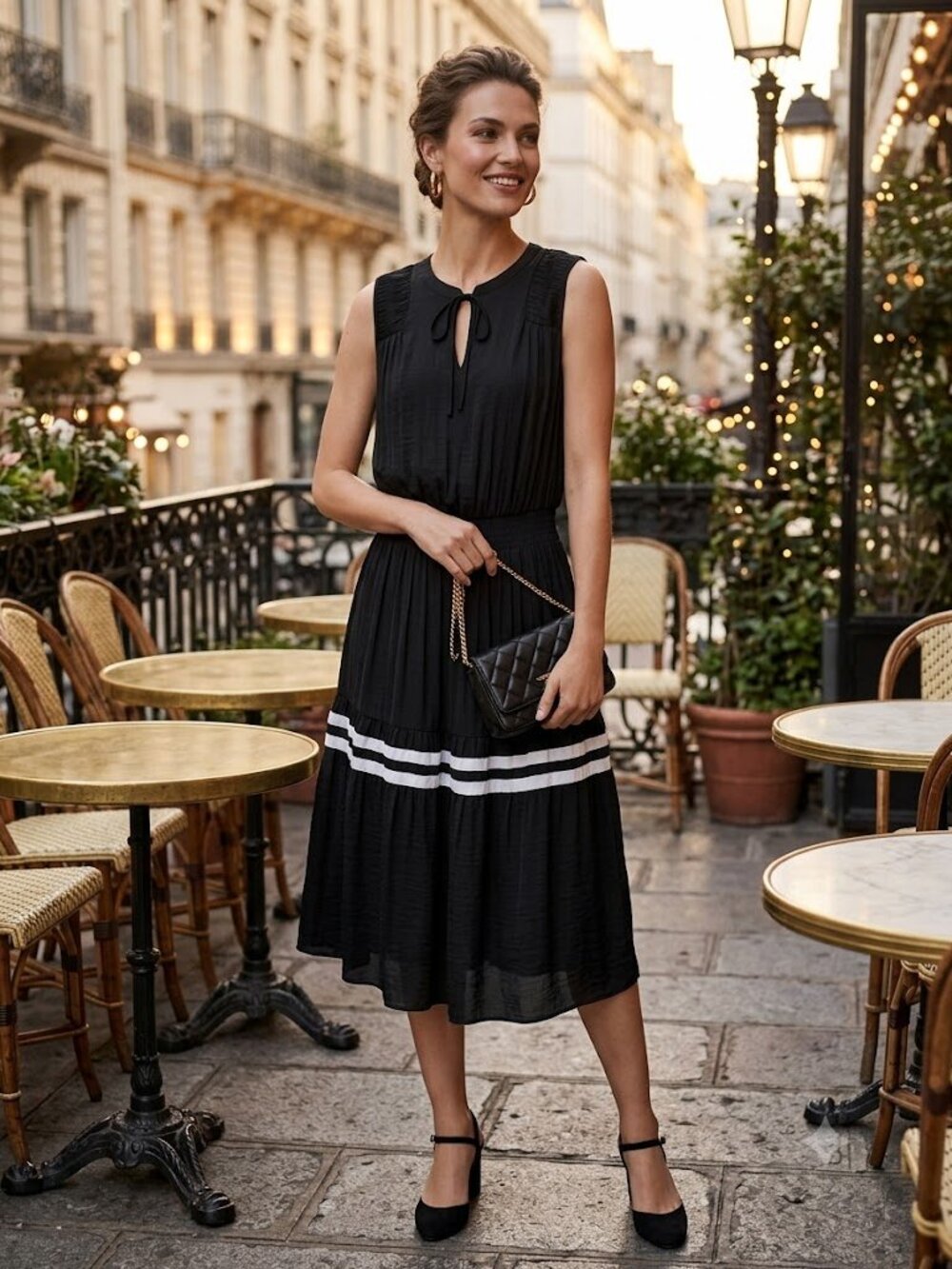 Vera Wang Simply Vera Black White Stripe Sleeveless Midi A-Line, Size M